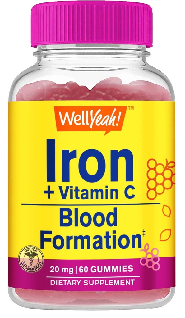 WellYes Iron Gummies con vitamina C -Anemia e supporto per l'energia cellulare, promuove la formazione delle cellule del sangue rosso - Supporto per il sistema energetico e immunitario -Flavor-60 Gummies