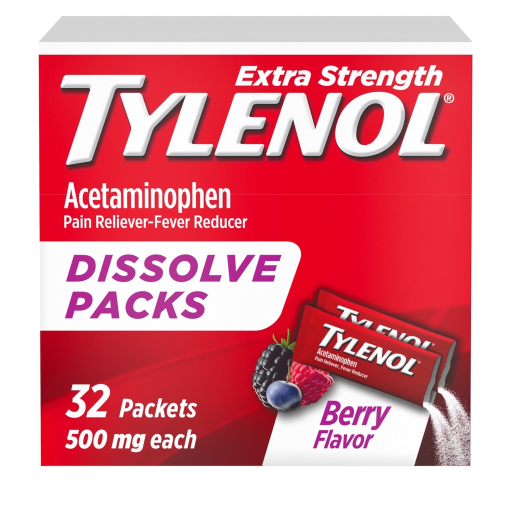 Pacchetti di polvere di dissolvente di Tylenol, 500 mg Acetaminophen Pain Reliever & Fever Riduzione della febbre, Rilievo rapido per dolori minori & Pains, Ibuprofen- & Aspirin-Free, On-the-Go Berry Flavor, 32 Ct