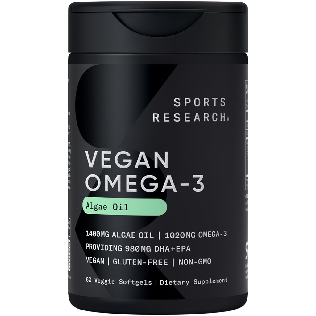 Ricerca sportiva Vegan Omega-3 Fish Oil Alternative da Olio Algae - Livelli più alti di Vegan DHA & EPA acidi grassi | Non-GMO Testato & Vegan Certificato - 60 Veggie Softgels (Carrageenan Free)