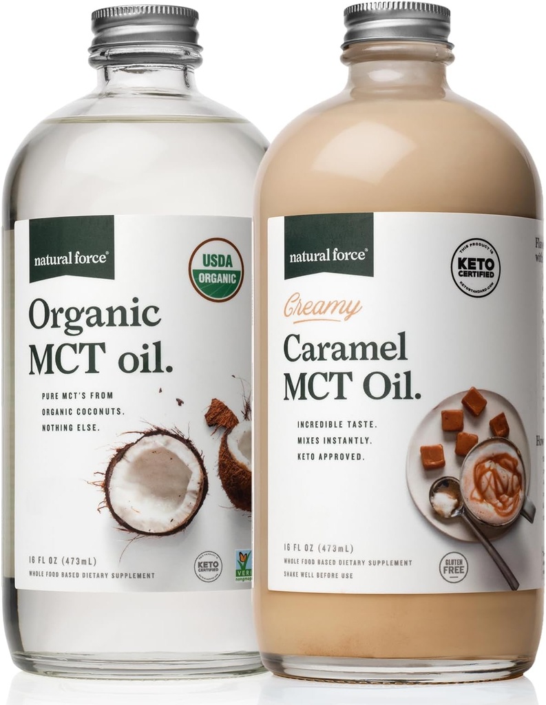 Forza naturale Crema Caramel MCT Olio + Organico spettro completo MCT Olio – Senza glutine, Non OGM, MCT di cocco puro al 100% da Cocco biologico – Keto, Paleo e Vegan – 2x 16 bottiglie di vetro