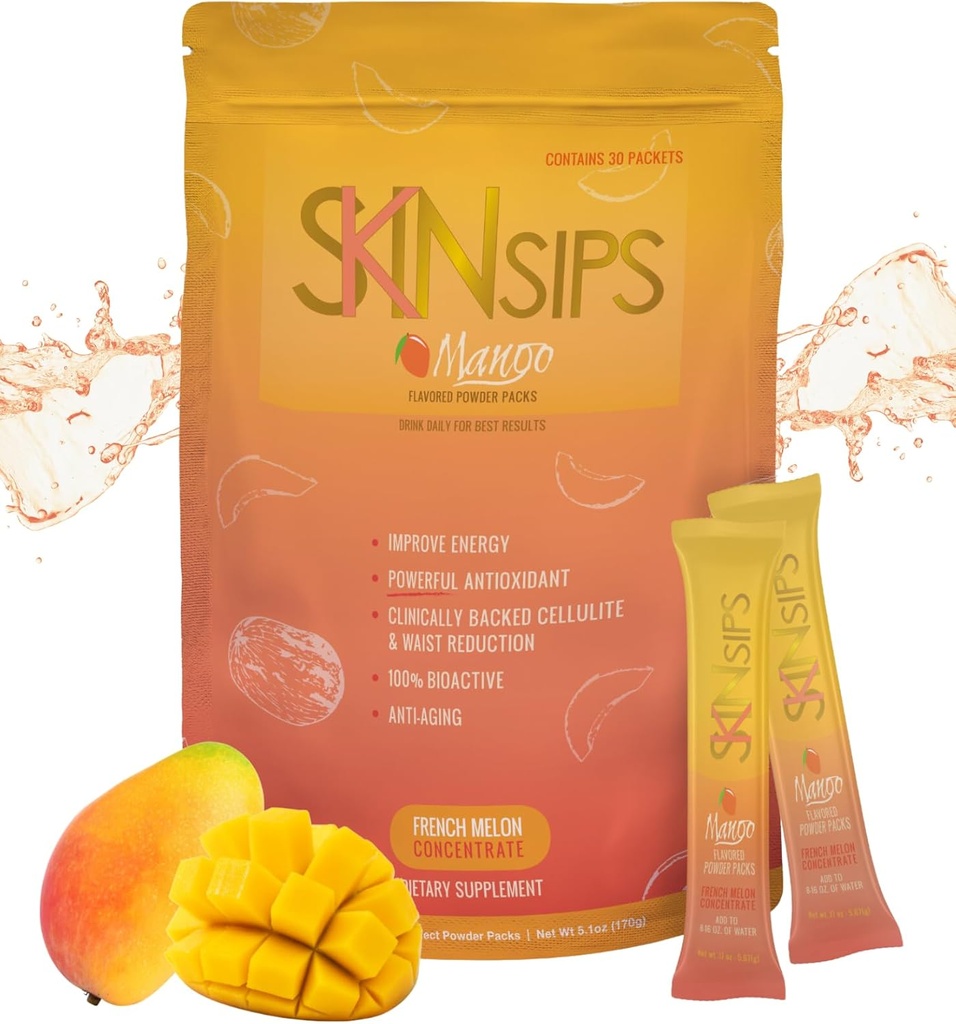 Skin Health & Energy Boost Drink Mix- Sugar Free, SOD B (TM), Antiossidanti del Concentrato di Melone francese, Su The Go Stick Packs, Mango, 30 Pack
