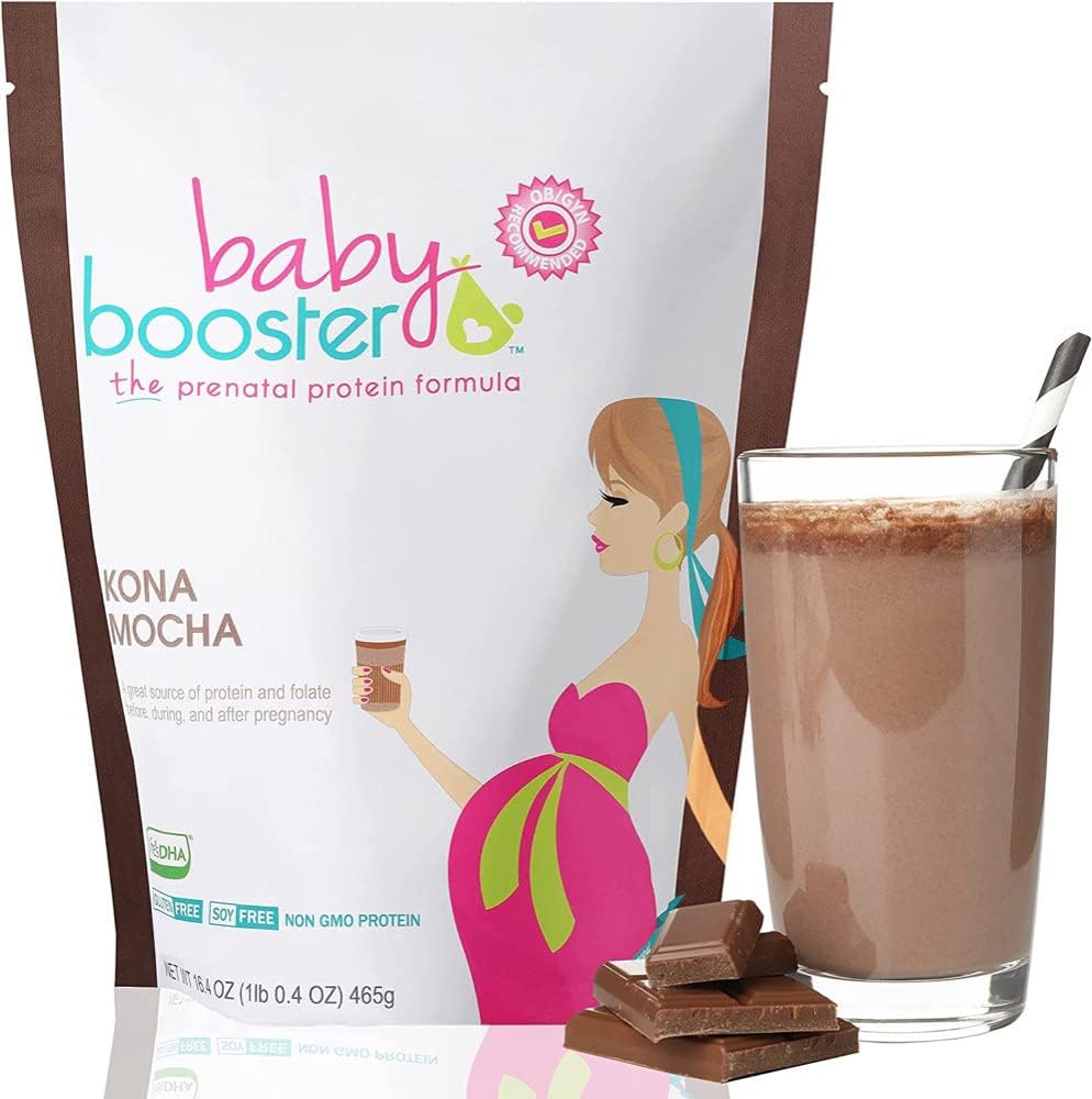 Baby Booster Chocolate Mocha Prenatal Vitamin Supplement and Protein Shake,Caffeine Free,All Natural,DHA vegetariano,High Protein,Methyl Folate,B Vitamins,Great for Morning Sickness,16.4Oz(1.03LB) 465G