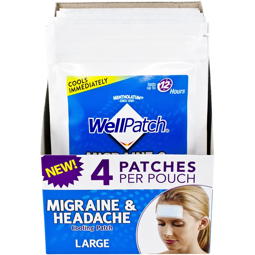 WellPatch Migraine & Headache Cooling Patch - Droga gratuita, dura fino a 12 ore, sicuro da usare con farmaci - grandi patch (4 pacchetti di 4 patch), ogni 4.3 x 2 in