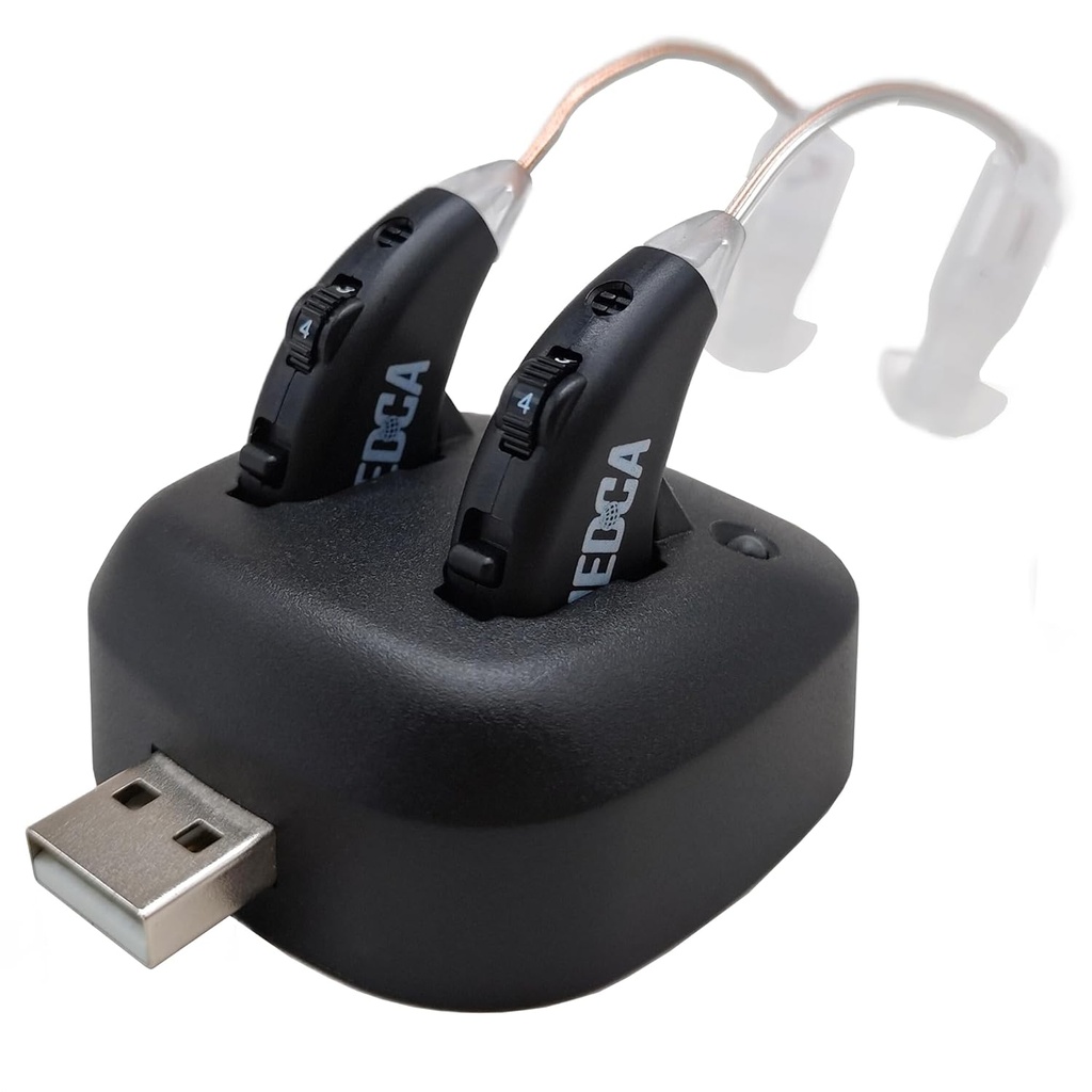 Amplificatori acustici digitali - Amplificatore acustico personale BTE Premium ricaricabile abbinato a USB Dock, Dietro i dispositivi di ingrandimento dell'orecchio con durata lunga della batteria, Nero