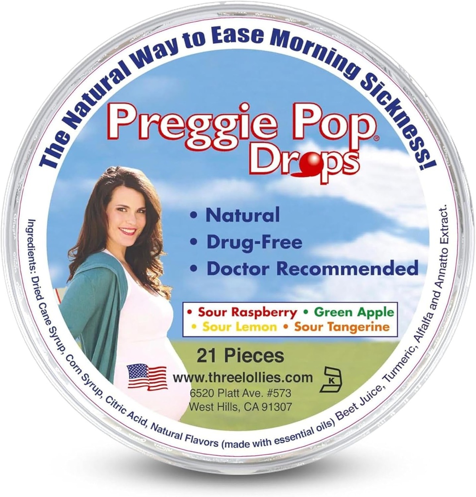 Preggie Pop Drops | 21 gocce | Mattina Malattia durante la gravidanza | Sicuro per mamma incinta & Baby | Gluten Free | Quattro gusti: Limone, lampone, Mela verde, Tangerine