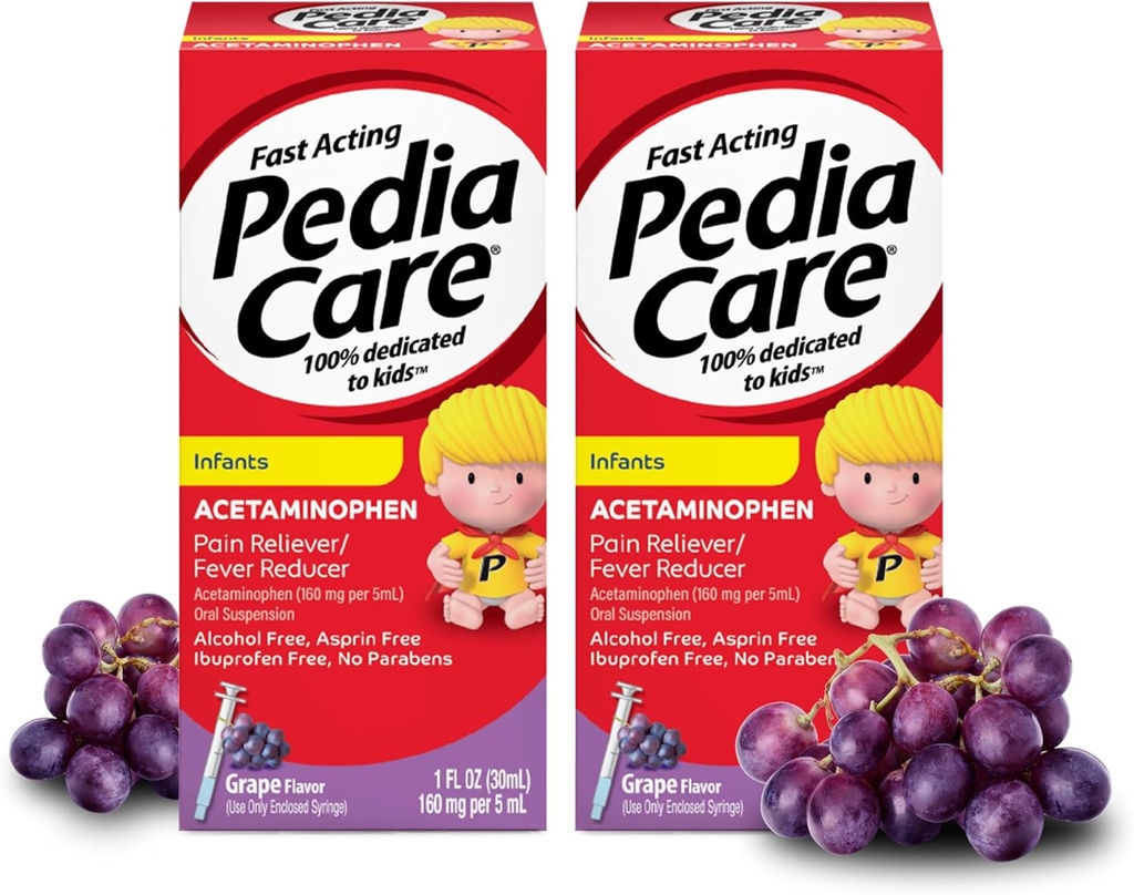 Infanti Acetaminophen Sospensione Liquido Orale, Riduttore di dolore infantile ad azione rapida/Riducente di febbre con Siringa Easy-to-Use, Alcol Zero o Aspirina o Ibuprofene, Sapore di Uva, 1 fl oz (2 Pack)