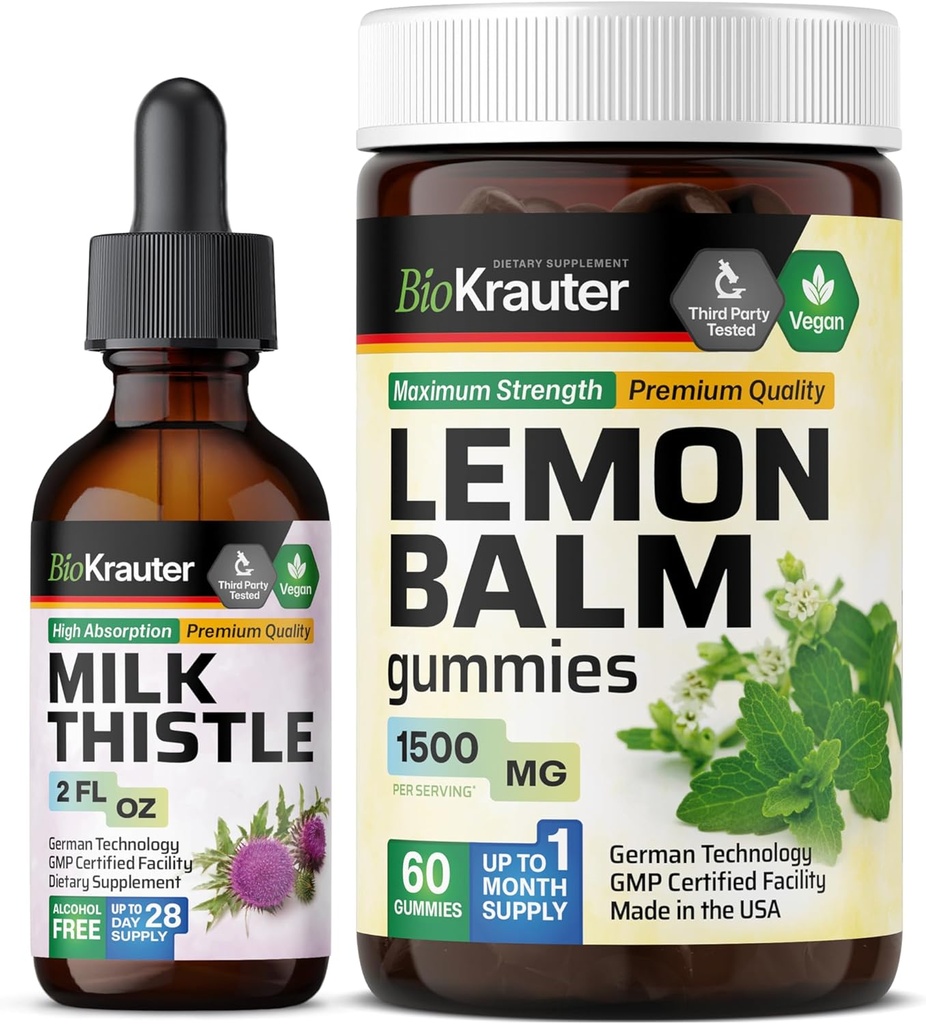 BIO KRAUTER Latte Thistle Tincture 2 Fl. Oz. & Lemon Balm 60 Gummies