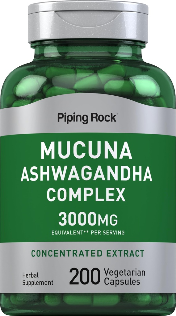 Piping Rock Mucuna Ashwagandha 3000mg | 200 capsule | supplemento complesso di estratto per le donne e gli uomini | Vegetariano, Non OGM, Gluten Free