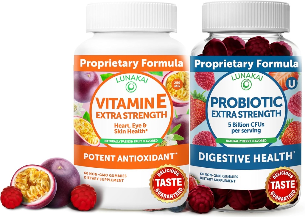 Lunakai Vitamina E e Probiotici Gummies Bundle - 3000 mcg Gummies per Adulti Energy Support - con 5 miliardi di CFU Per Servere per Salute Digestiva - Non OGM, Tutto Naturale