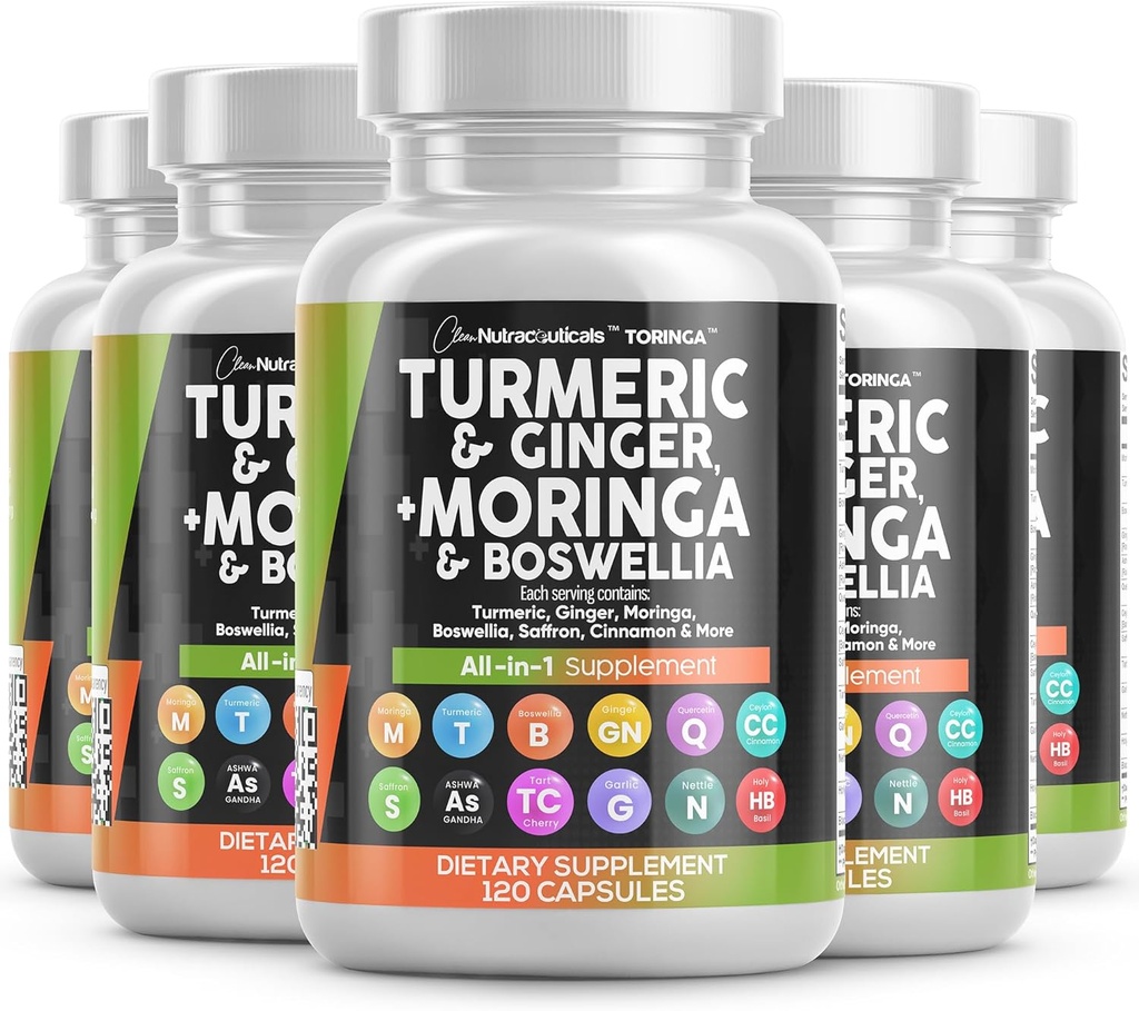 Supplemento Turco Moringa | Ginger Boswellia Saffron - Supplemento per donne e uomini con Ceylon Cinnamon, Tart Cherry, Quercetin Aglio San Basilio - 5Pack