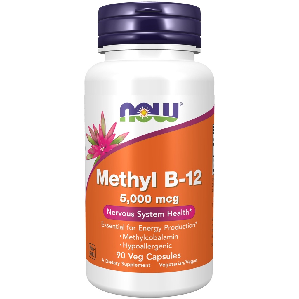 NOW integratori alimentari, Methyl B-12 5000mcg, metilcobalamina, soluzioni anallergiche, 90 capsule di veg