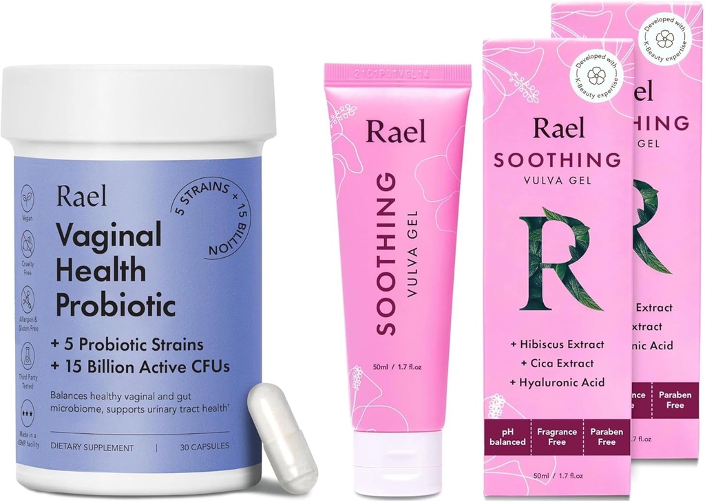 Rael Bundle - Integratori Probiotici per Donne, Enzimi Digestivi, Salute del Tratto urinario (30 giorni) & Sacco Vulva Gel - pH Balance Lavaggio Femminile (1.7 Fl Oz, Confezione di 2)