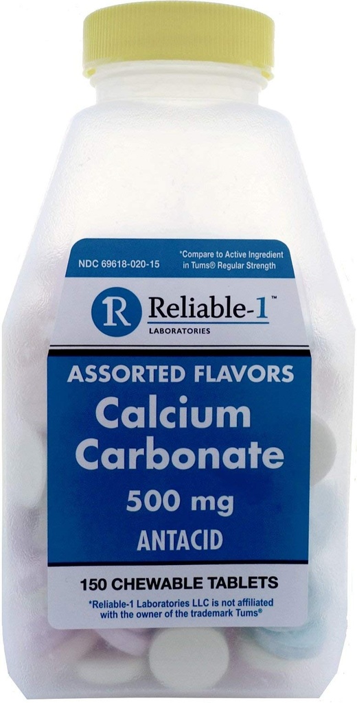 Calcium 500 mg Generico per Tums Assorted Fruit Flavored Chewable Tablets Regolare resistenza Antacid per indigestione acida, bruciore di stomaco, stomaco acidulo 150 compresse masticabili per confezione bottiglia di 4