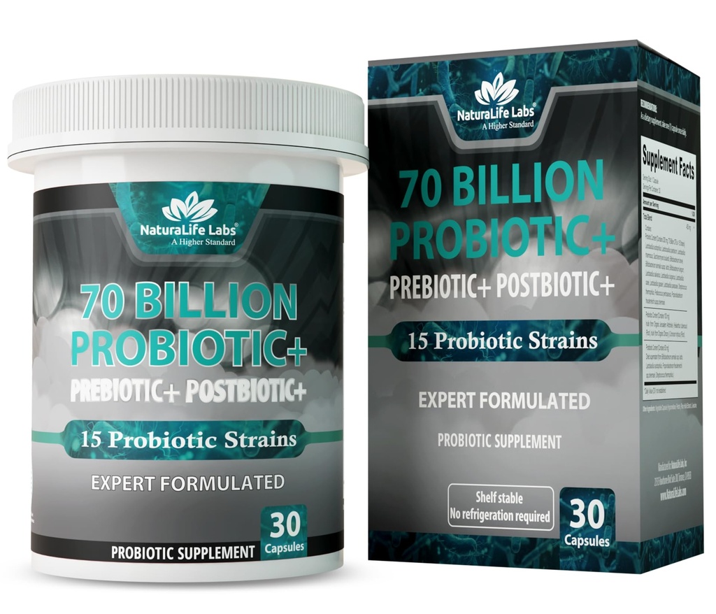 NaturaLife Labs Probiotici 70 miliardi di CFU – 15 strati con prebiotici organici e postbiotici – Formula 3-in-1 – 30 capsule vegane