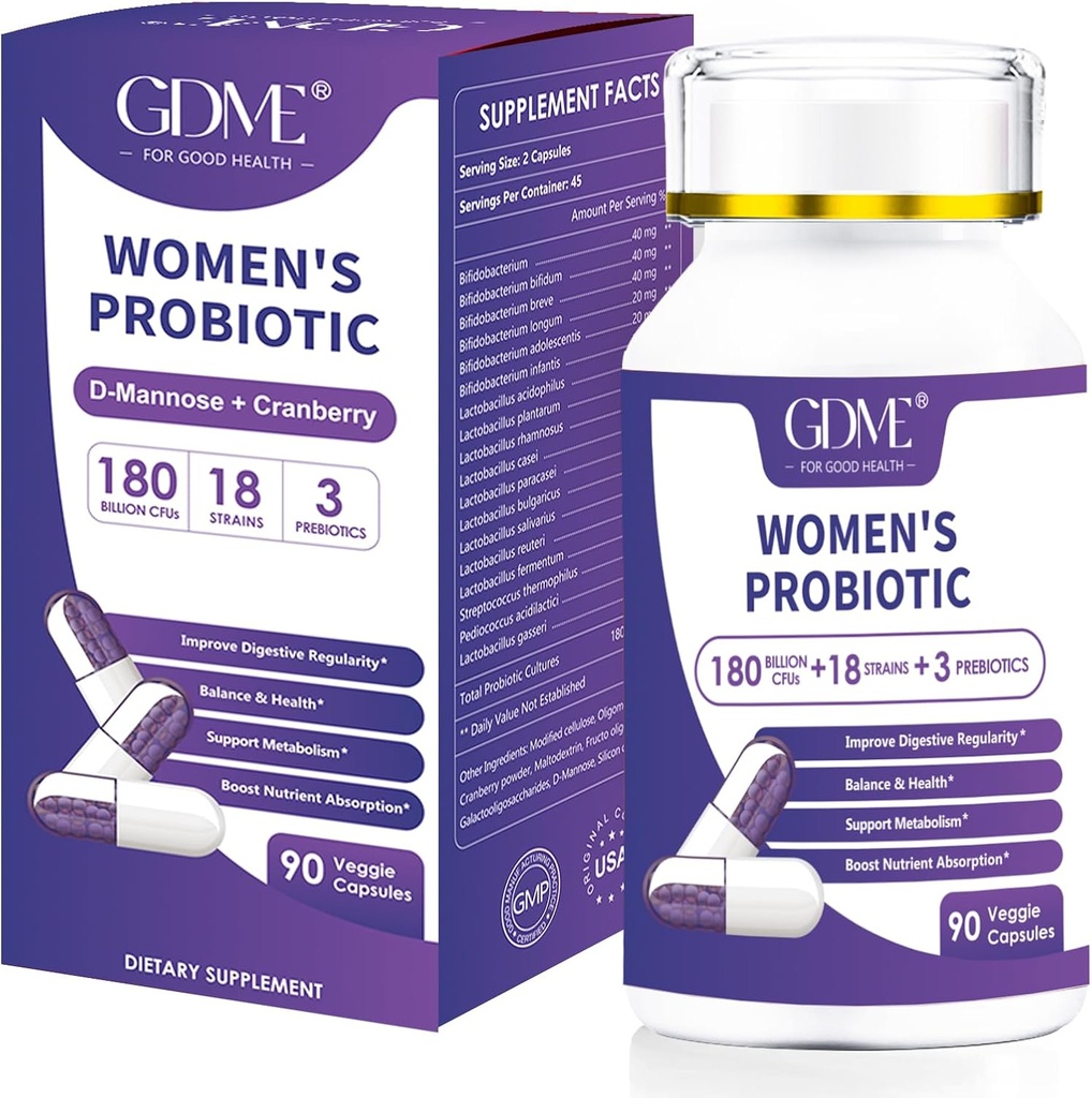 Probiotici 180 miliardi di CFU 18 Strains contiene organici Prebiotici Cranberry Probiotic Supplemento Immunity for Women's Health, Non Soy Gluten Dairy Free 90 capsule vegetariane