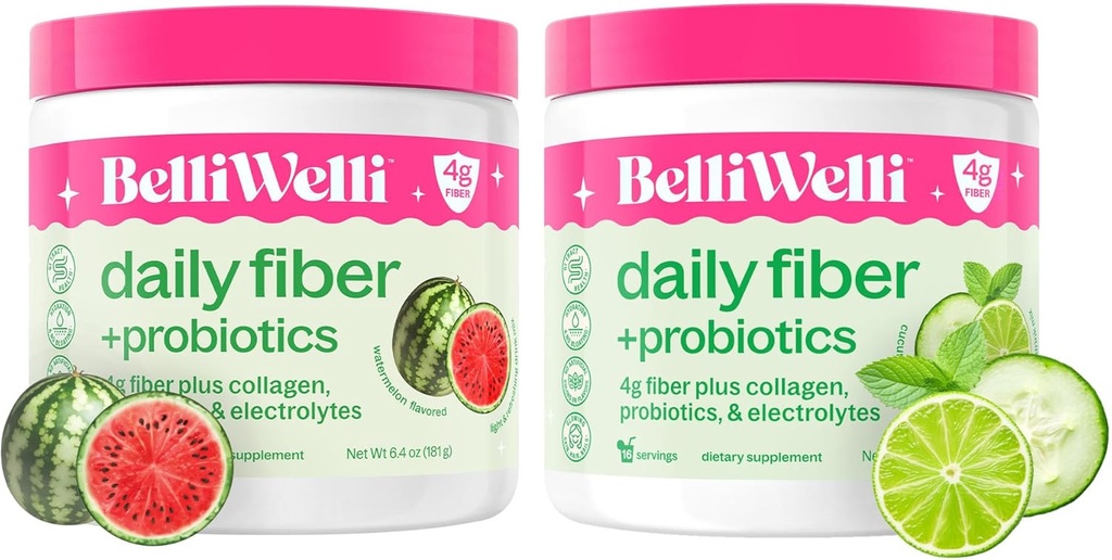 Belli Welli Daily Fiber Supplement Bundle - Cetriolo Lime Mint & Watermelon - con Collagene, Probiotici ed Elettroliti - Raffreddare i Sapori Benessere, 32 Total Servings