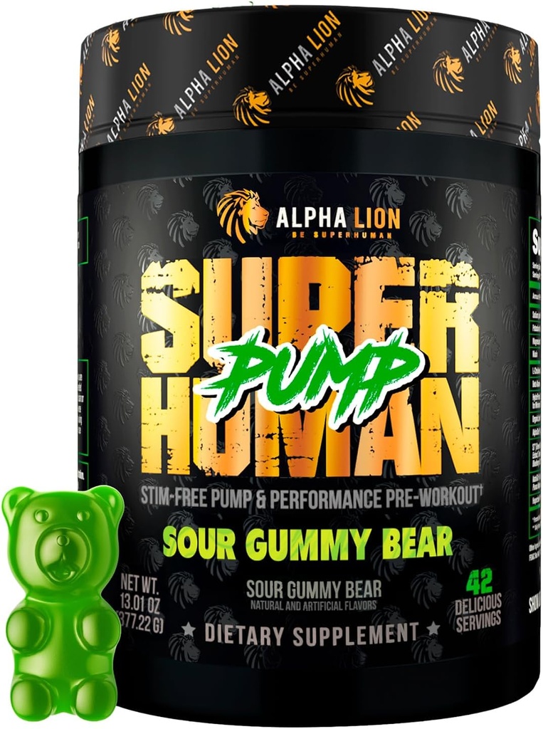 ALPHA LION Pompa Superhuman Pre Workout Powder, Nootropic Caffeine & Stim Free Preworkout Supplement, Nitric Oxide Booster, Muscle Gainer, Energy & Focus (42 Servings, Sour Gummy Bear)