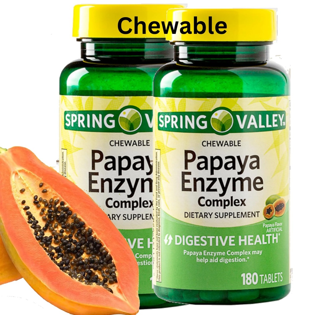 Spring Valley Papaya Enzyme Chewable - 360 Vegan Tablets, Bromelain Nuovo Formula Digestive Aid