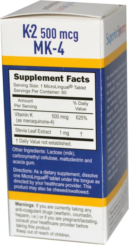 Vitamina K-2 500 mcg (MK-4) 60 Tablet bilingue