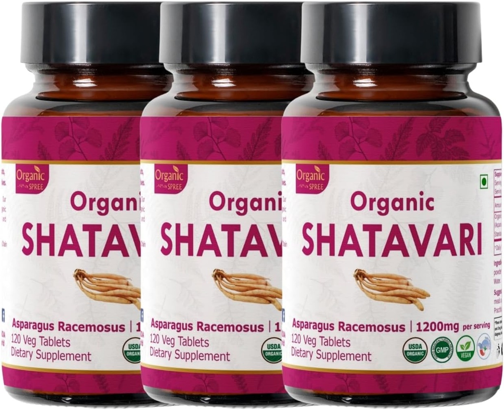 Shatavari 120 compresse | Asparagus Racemosus (Shatavari) | USDA Organic Certified | Supporta la salute e il sistema immunitario delle donne | Integratore alimentare 120tab - Confezione di 3