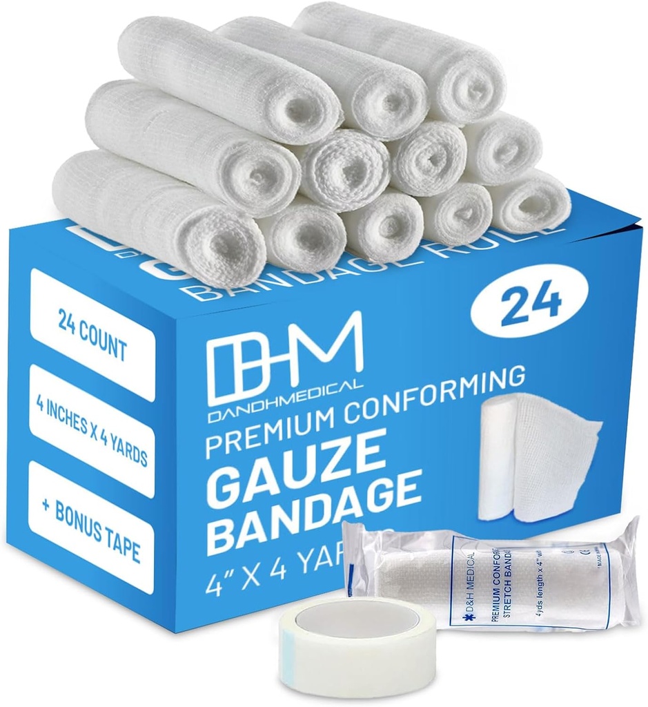 D&H Medical Pack di 24 Gauze Bandage Roll 4 pollici x 4 Yards - Medico Gauze Wrap per la cura dei Wounds - Facile da usare Cotone Gauze Rolls for Hand Wrap Ankles & Knees