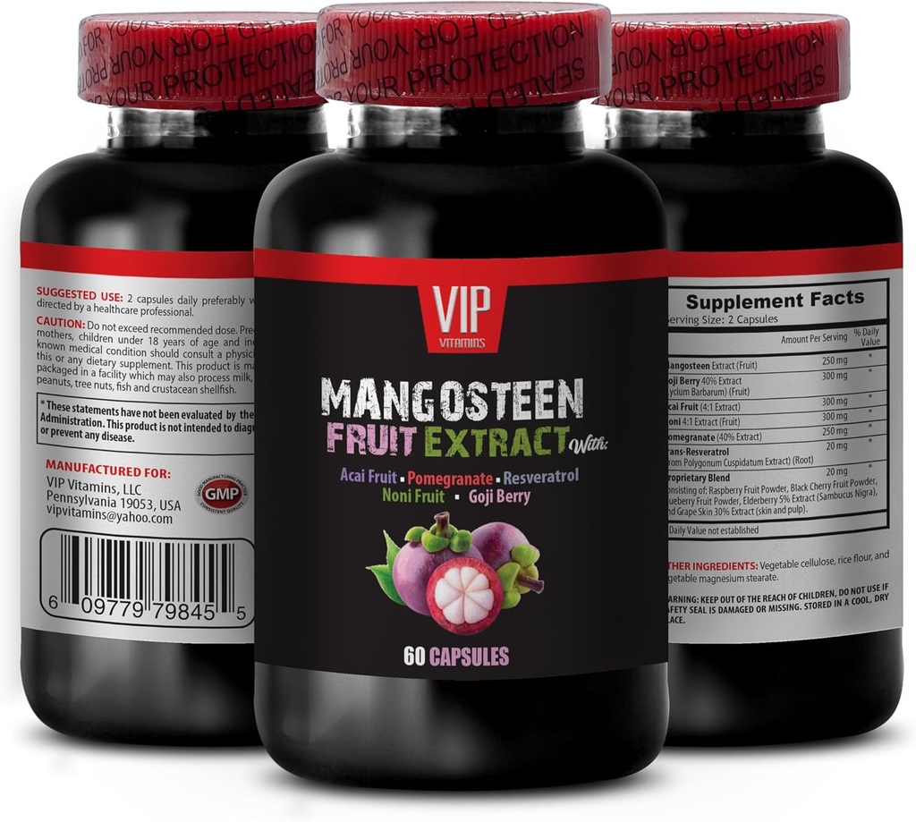 aumento della potenza del cervello e della memoria - MANGOSTEEN FRUIT EXTRACT CON ACAI FRUIT, POMEGRANATE, RESVERATROL, NONI FRUIT, GOJI BERRY, integratori di mangosteen, integratori di antiossidanti per le donne, 1 bottiglia 60 Caps