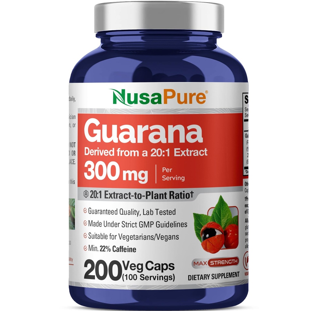 Estratto di Guarana di NusaPure 20:1, 300 mg Equivalente a 6.000 mg per Veggie Caps 200 Conta (non OGM, Vegan)