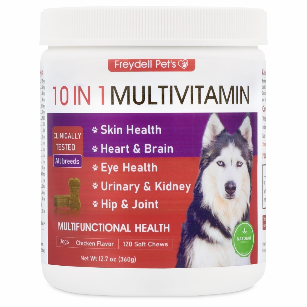 Freydell Animali Multivitamin Dog Supplemento: Glucosamina Condroitina, Probiotici, Olio di Pesce Omega, Vitamine di Allergia della Pelle e del Cappotto - Integratori di Cane & Vitamine