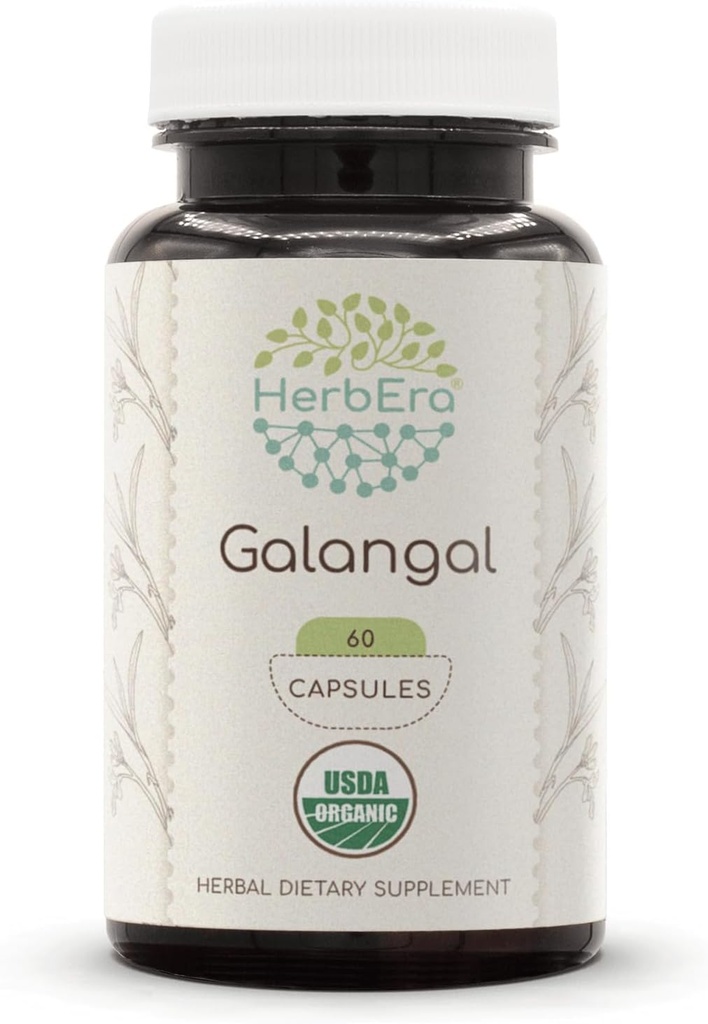 HerbEra Galangal USDA Organic 60 capsule | Integratore naturale di erbe | Capsule vegetariani biologici certificati e Galangal organico (Alpinia Galangal) Radice secca (60 capsule)