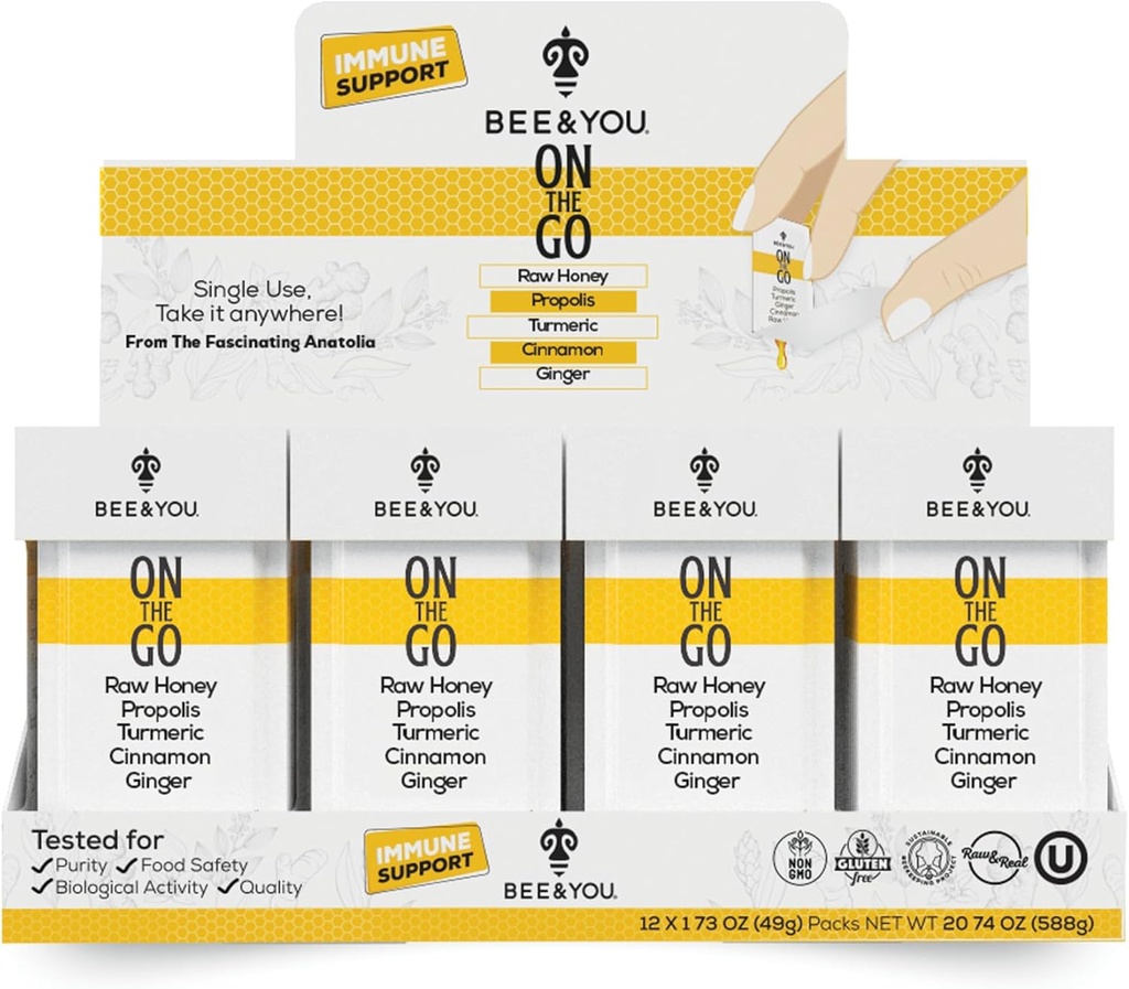 Bee and You On the Go, Integratore di supporto immunitario, Miele crudo, Propolis, Turchese, Cannella, Ginger, Superfrood, Grande Degustazione, per bambini e adulti, 12 Pack, 1.73 oz