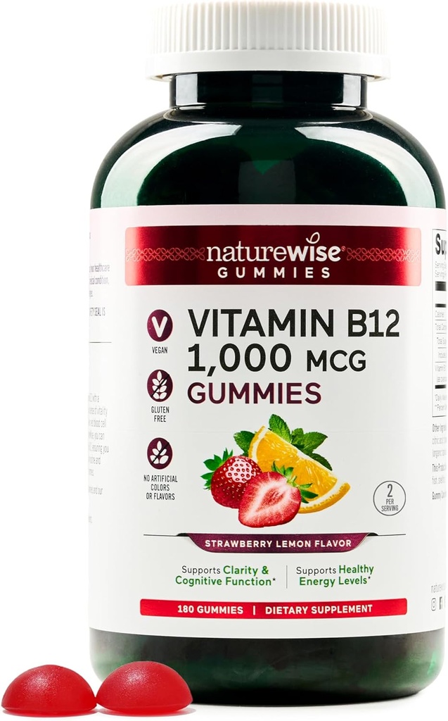 NatureWise Vitamina B12 Gummies per Adulti, 1000 mcg - Fragola Limone Flavor - Supporta energia quotidiana, Chiarezza mentale, Funzione cognitiva - Vegan, Senza glutine, Non OGM - 180 Conte[3-Month Alimentazione]