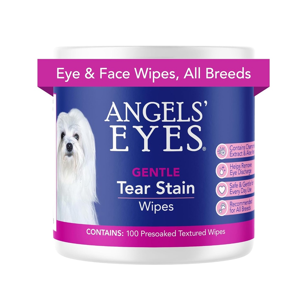 ANGELS' EYES Gentle Tear Stain & Pet Eye Wipes for All Dogs & Cats Textured Grooming Wipes Remove Discharge & Mucus, Ridurre Tear Stains, Hypoallergenic with Aloe & Chamomile, 100ct