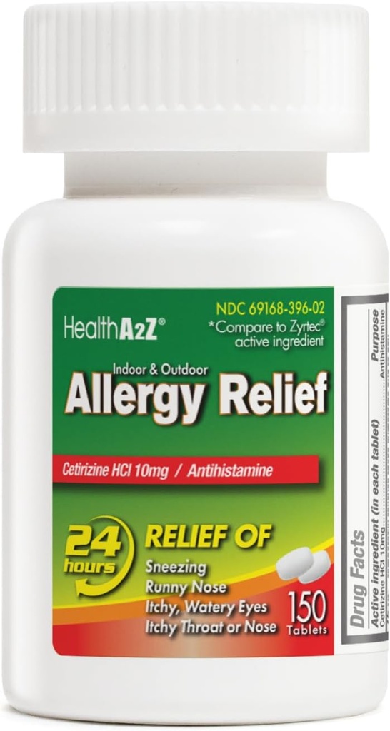 SaluteA2Z® Allergy Relief | Cetirizine 10mg | All Day Allergy Relief | Indoor & Outdoor | Relief from Itchy Throat, Sneezing, Runny Noses (150 Count (Pack of 1))