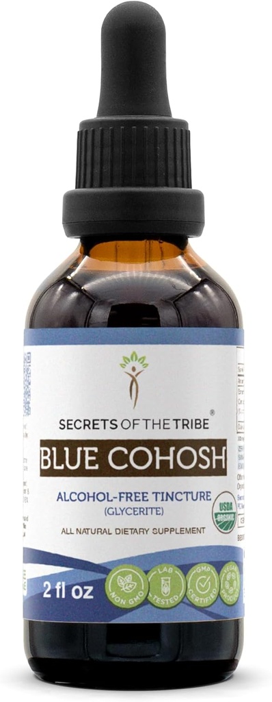 Segreti della Tribe Blue Cohosh USDA Organic Alcohol-Free Tincture (Glycerite) Responsabilmente allevato Blue Cohosh (Caulophyllum Thalictroides) Radice essiccato (2 Fl Oz)