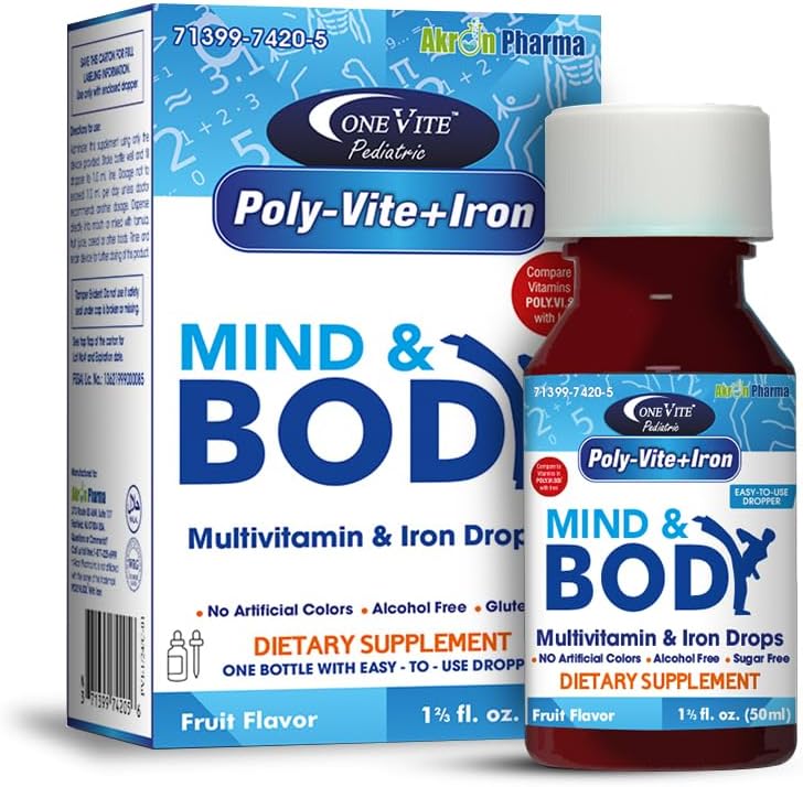 Gocce di ferro multivitaminico Poly-Vite+Iron per neonati e bambini – Supporta la crescita forte, lo sviluppo del cervello, la salute immunitaria – Nessun colore artificiale, senza glutine, 50mL Dropper bottiglia da una vite