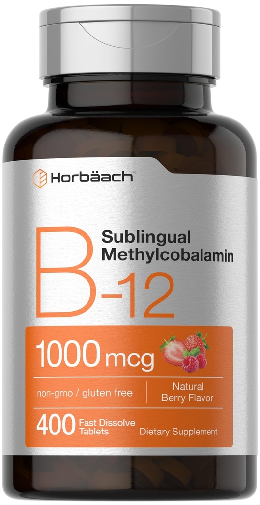 Horbaach Vitamina B12 1000 mcg Sublingual | 400 Tavole dissolve veloci | Integratore di metilecobalamina per le donne e gli uomini | Sapore di bacche | Vegan, Non OGM e Gluten Free
