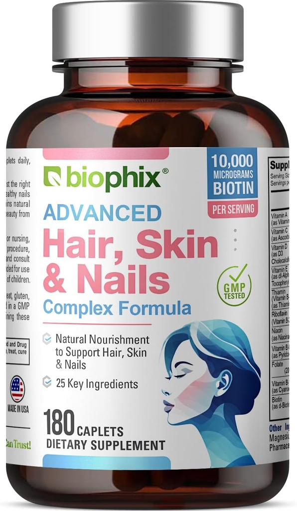 biophix Hair Skin and Nails Complex 180 Caplets con 10.000 mcg Biotin - Multivitamin Supporta Grandi Unghie Bellissimi Capelli Affinamento sano