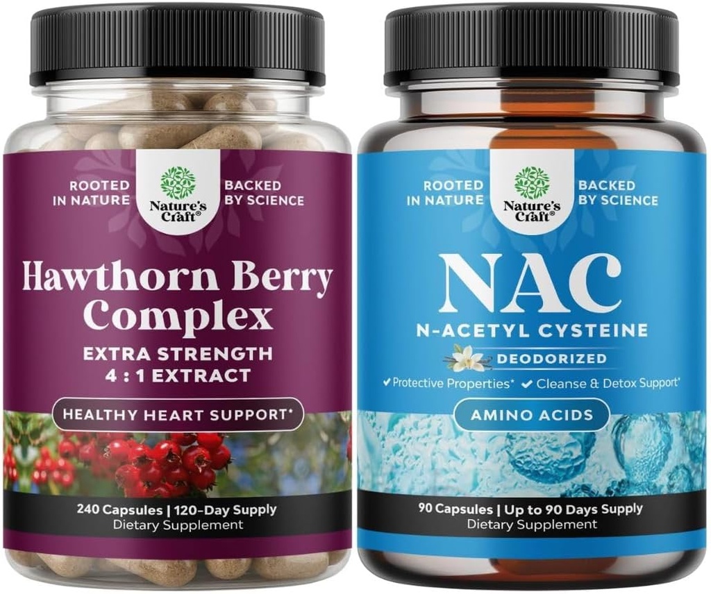 Bundle di alta resistenza Hawthorn Berry Capsule con Leaf & Flower Extract 4:1 per cuore sano e digestione e NAC supplemento N-Acetyl Cysteine 600mg - Glutathione Precursor per fegato Cleanse Detox