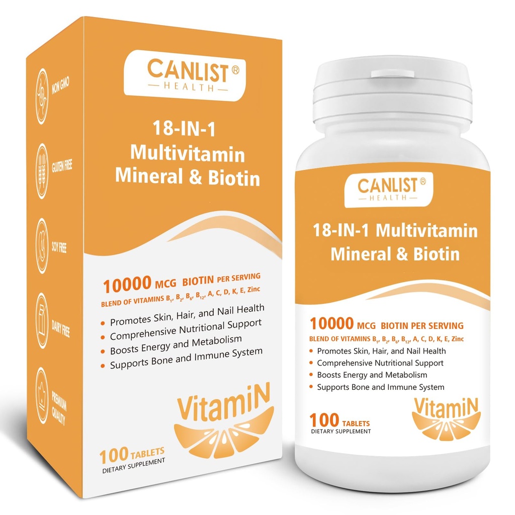Pelle per capelli e unghie Multi-Vitamina per uomini e donne, 10000mcg Biotin & Multimineral, Contiene B-Vitamins, Vitamine C, E & D3, Minerali Trace, Zinco, Senza Glutine, Latticini, Senza Soia, 100 compresse