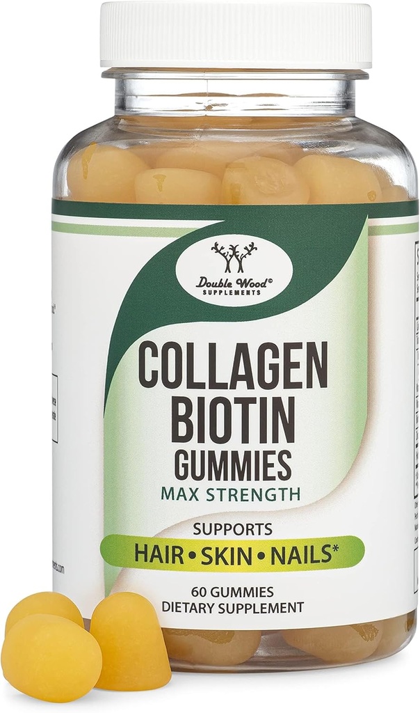Gummie di collagene per le donne supporta l'invecchiamento (Max Strength - potenziato con Biotina, Vitamina C, Zinco e Vitamina E (Longevity for Women and Men) 60 Capelli, Pelle e Vitamine Unghie (Non OGM) di Legno Doppio