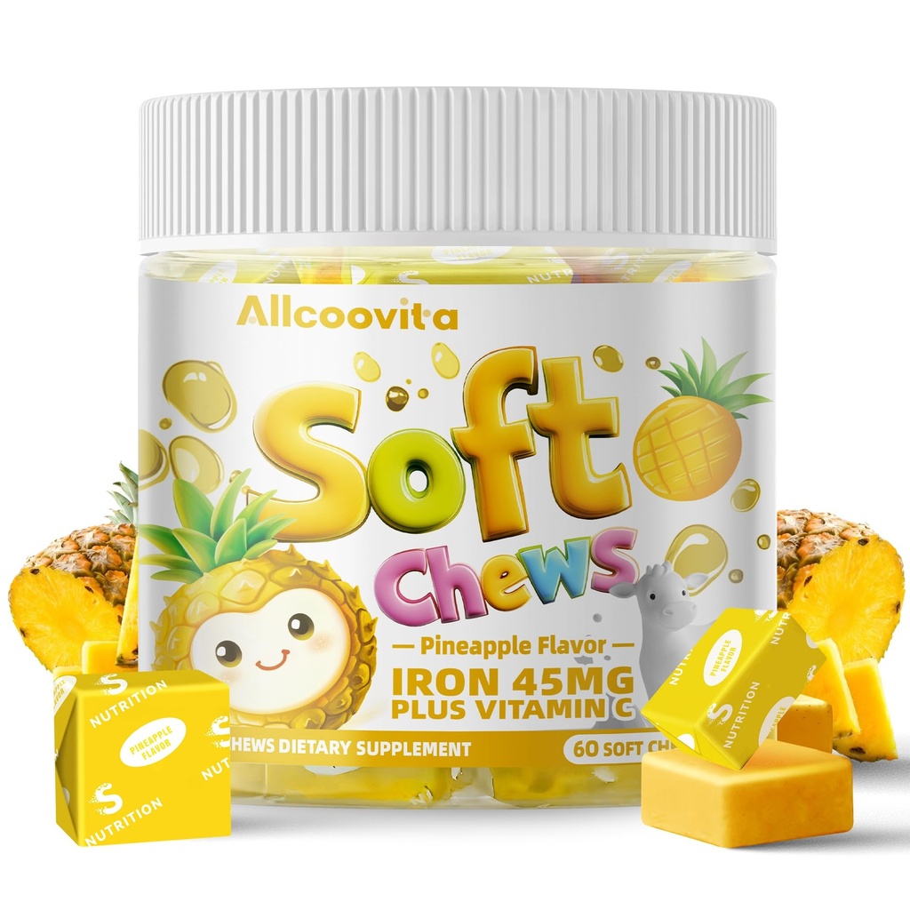 Ferro morbido Chews supplemento con vitamina C | Ananas aromatizzato | Gluten Free | Ferro da stiro per donne uomini e bambini | 60 conte | 2 mesi di alimentazione