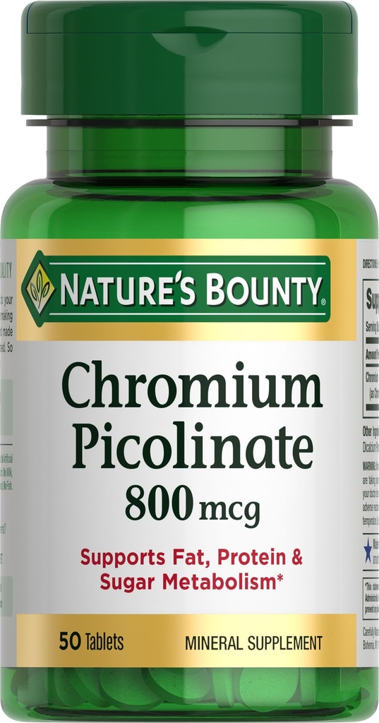 Picolinato di cromo bounty della natura, Supporta il grasso, Proteine & Zucchero Metabolismo, Supplemento minerale, 800 mcg, 50 compresse