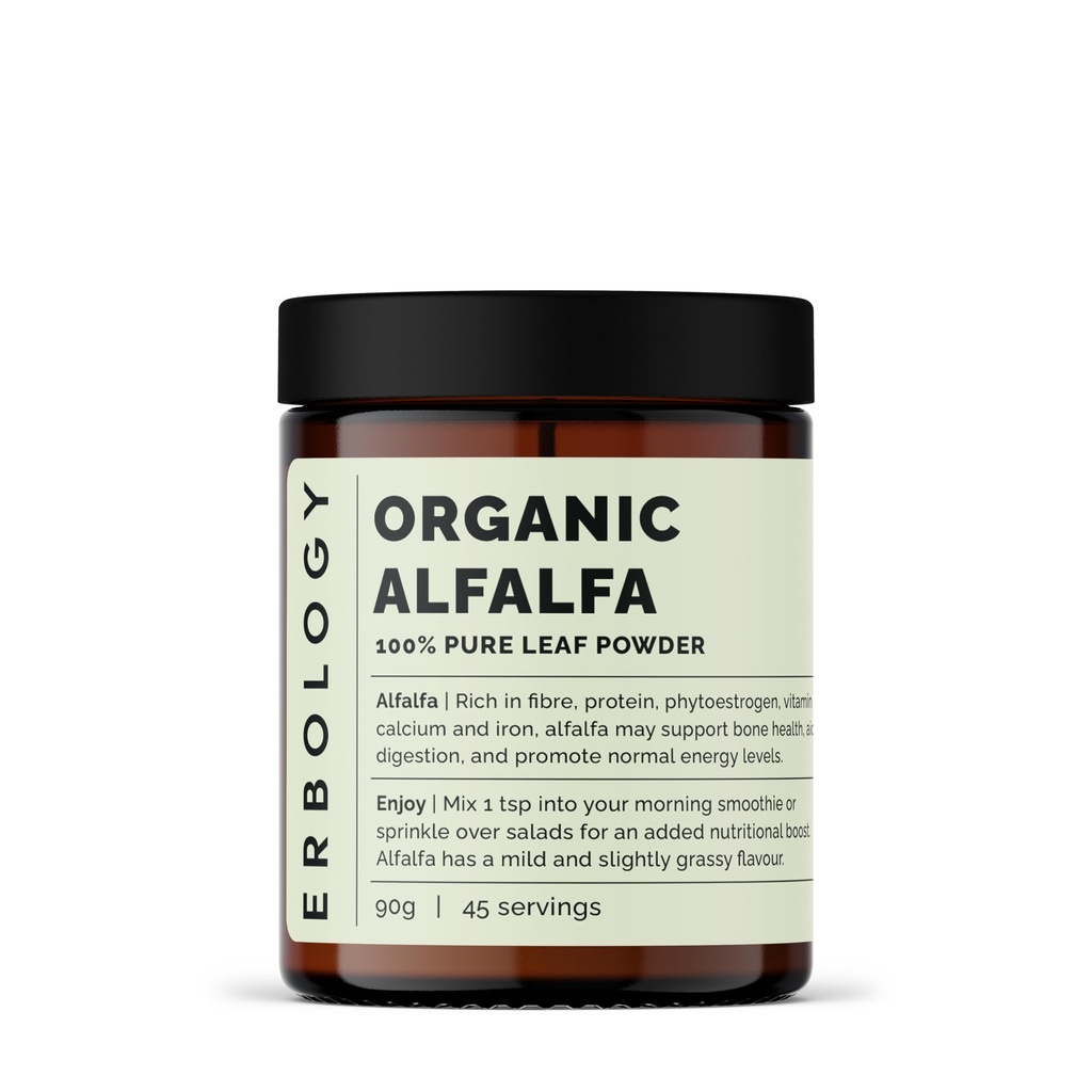Erbologia Organic Alfalfa Polvere 3.2 oz - 45 Serve - Supporta la salute di ossa e di fegato - Ricco di vitamina A, calcio e ferro - Sostenibilmente Sorgente dritto dalla fattoria - Piccola Batch - Vegan - OGM-Free