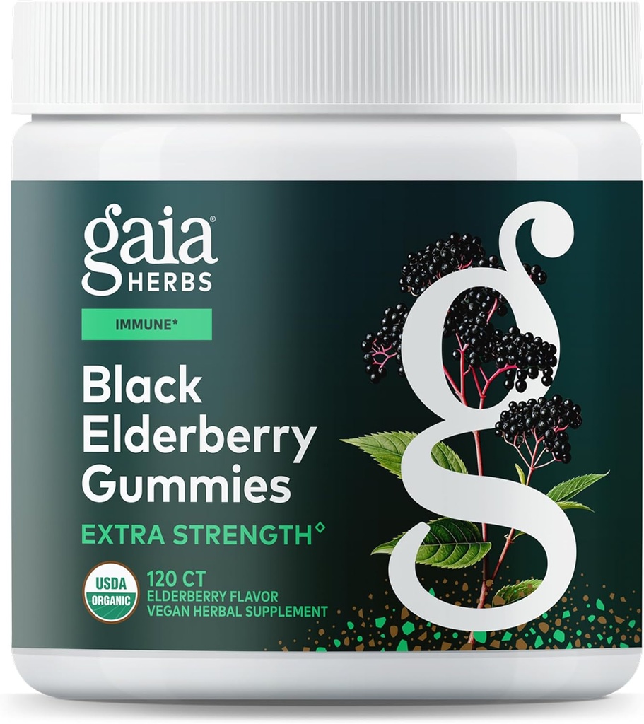 Gaia Herbs Black Elderberry (Sambucus nigra) Extra Strength Gummies - Delicious Immune Support Supplement* - Realizzato con Organic Black Elderberries for Immune System Support* - 120 Gummies