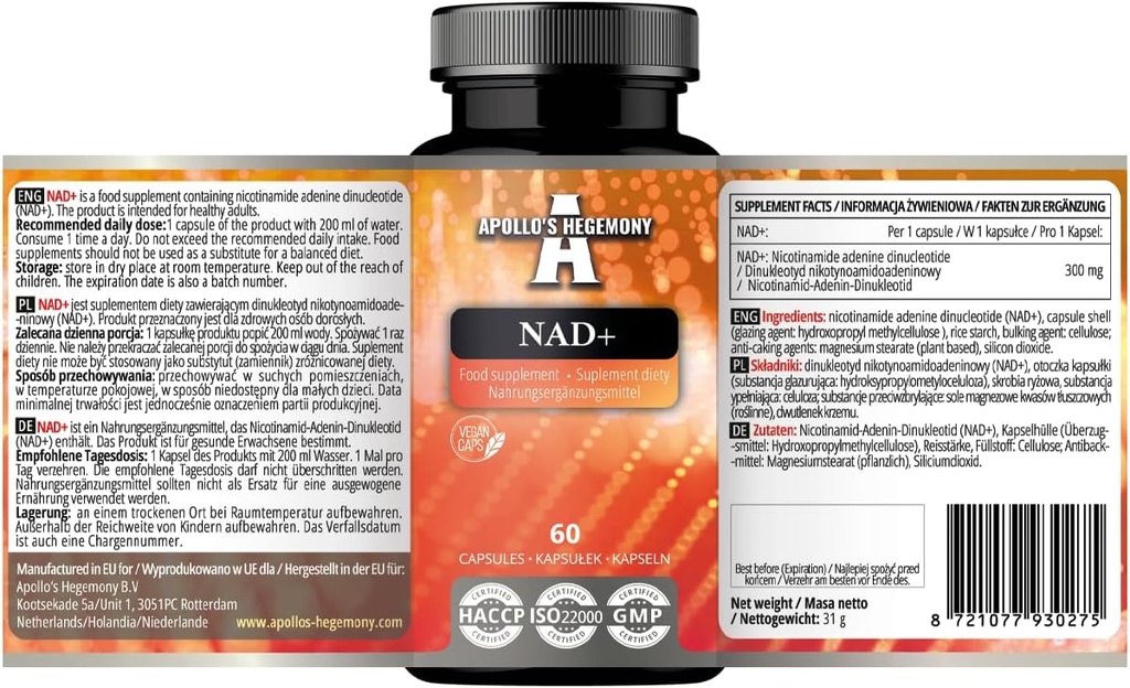 APOLLO'S HEGEMONY NAD+ 300 mg - Forma coenzimatica della vitamina B3-60 capsule vegane - 2 mesi di alimentazione - Nicotinamide Adenina Dinucleotide Diet Supplemento