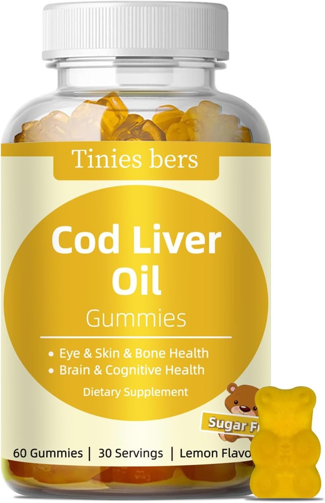Cod Liver Oil Gummies 1000mg, Sugar Free for Adults & Kids, Omega-3s & Vitamin A&D per cervello, cognitivo, cuore e occhio, Bone Health, senza glutine, non OGM, pectina, 60