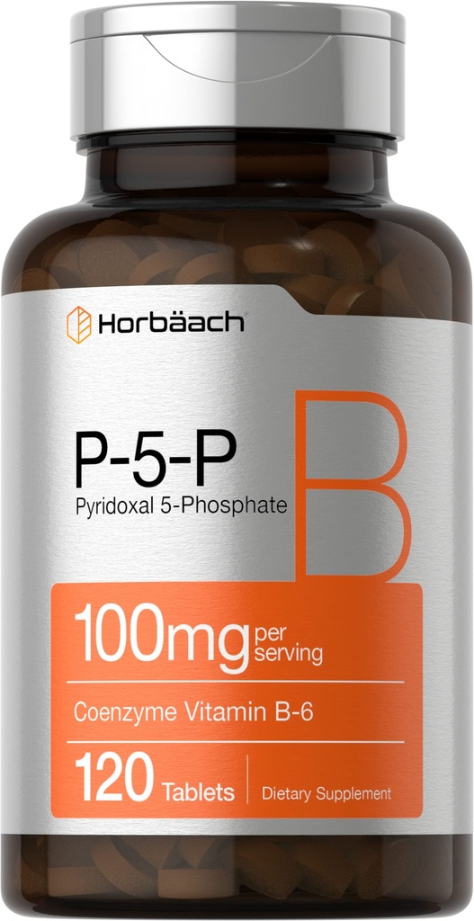 Horbäach P5P Vitamina attivata B6 100mg | 120 compresse | Supplemento vegetariano, Non OGM, Gluten Free | Pyridoxal 5 Phosphate | Coenzyme B6
