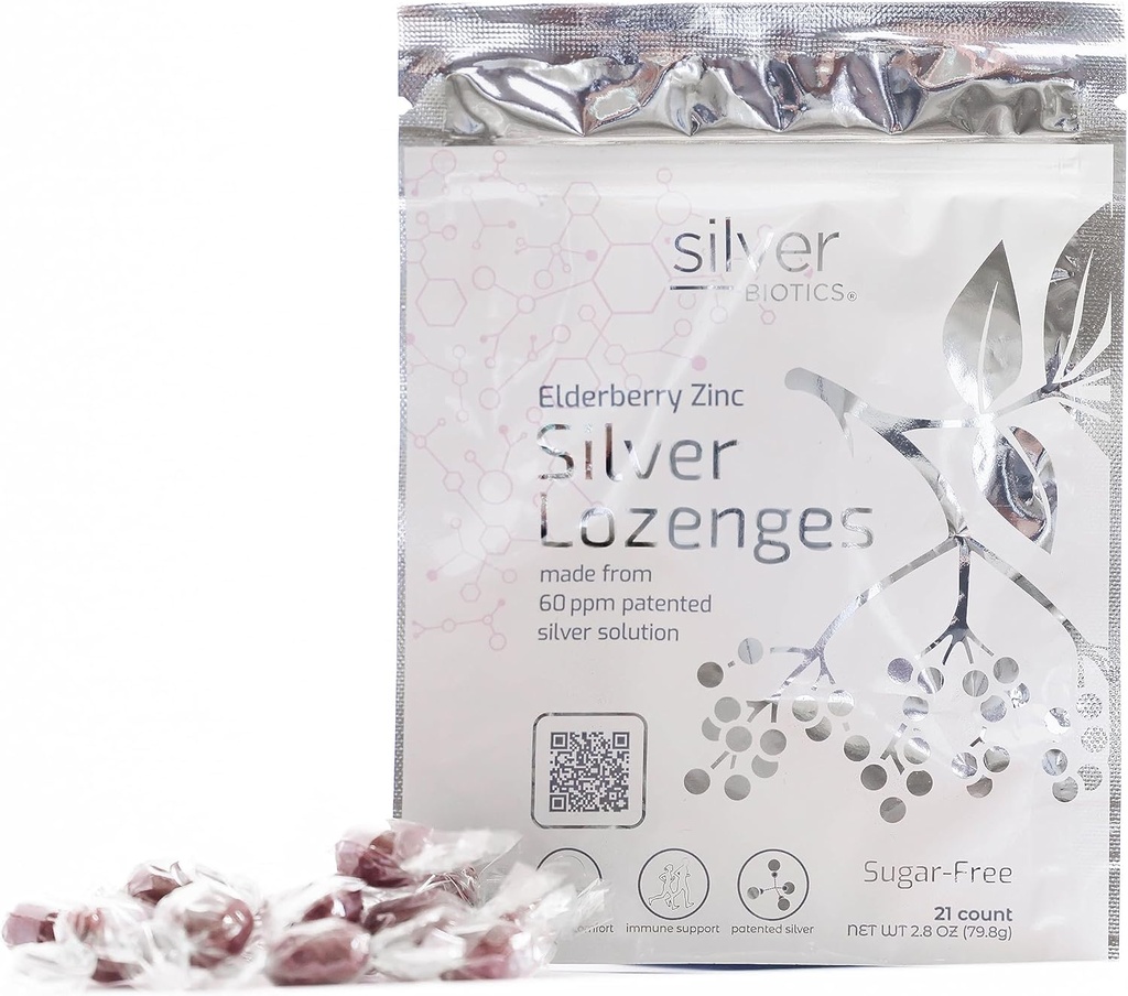 Silver Biotics Sugar-Free Colloidal Silver Lozenges | 60 ppm SilverSol | Supporto immunitario + Throat Soothing Comfort | Elderberry Zinc | 21 Count
