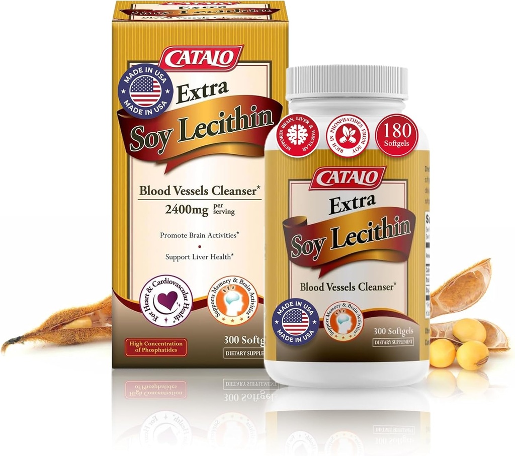 CATALO Extra Soy Lecithin Capsule – Sanità del vaso di sangue, Funzione del cervello e benessere del fegato – Integratore della lecitina di soia per adulti, 300 Softgels