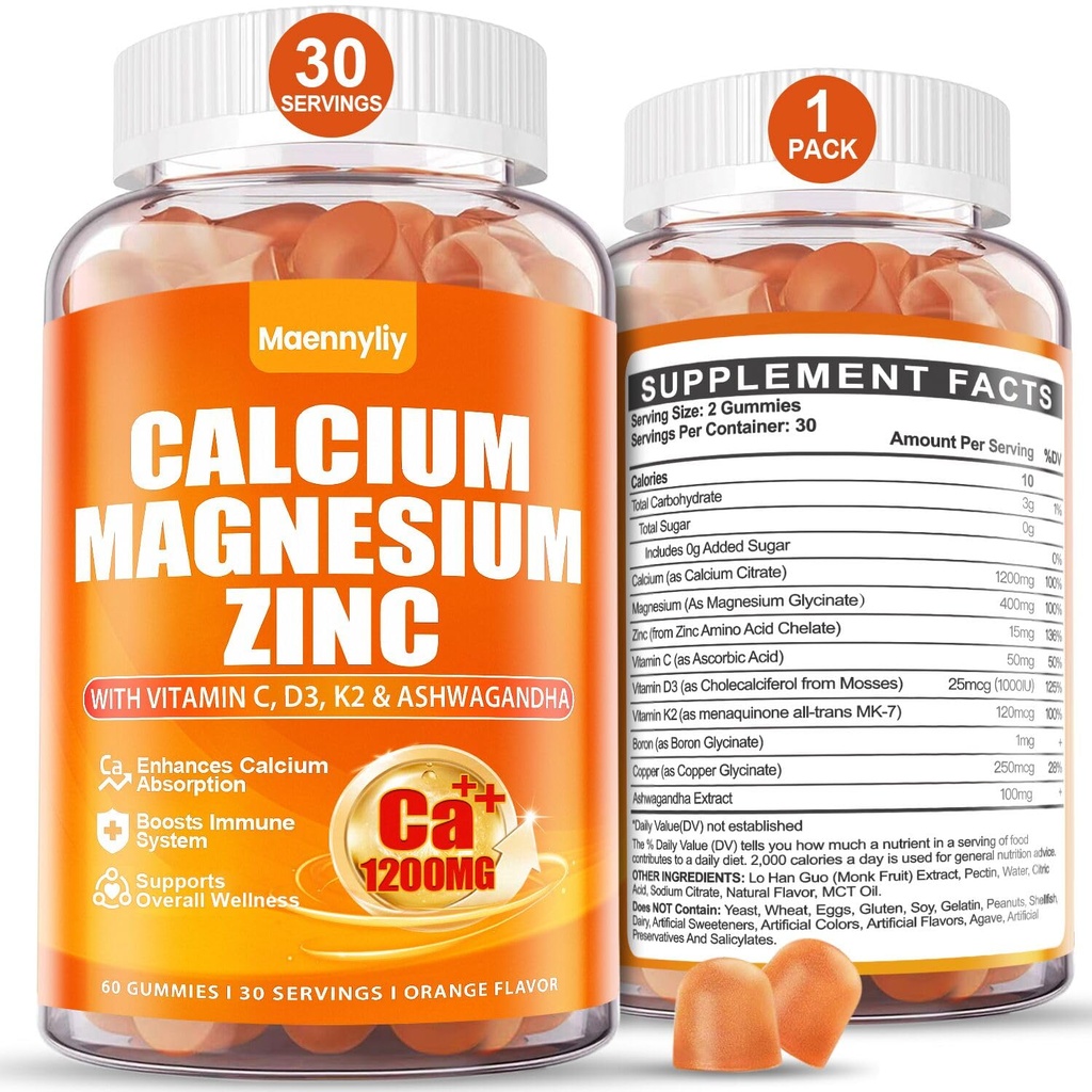 Calcio 1200 mg con vitamina D3 Gummies per adulti - Citrato di calcio con vitamina D3 K2, magnesio, zinco, Boron, rame e Ashwagandha - Supplemento di calcio ad assorbimento extra per gli uomini delle donne